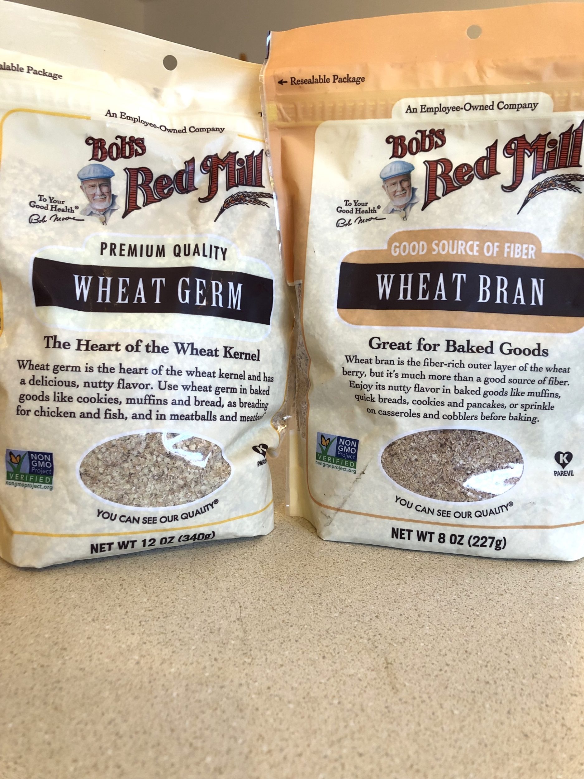 Picture of Bob's Red Mill wheat germ and Bob's Red Mill wheat bran bags.
